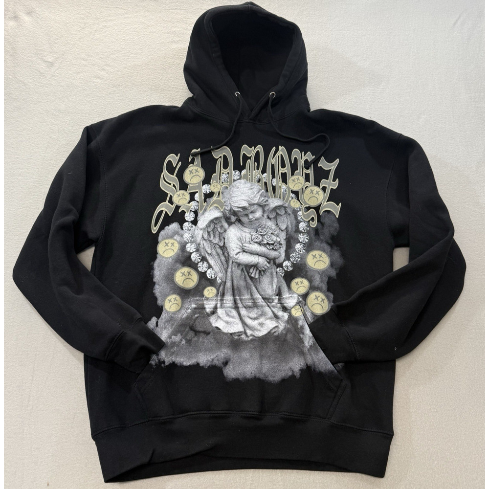 Sad Boyz Angel Hoodie Mens Large Black Pullover Hoodie Sweatshirt Emoji Cherub